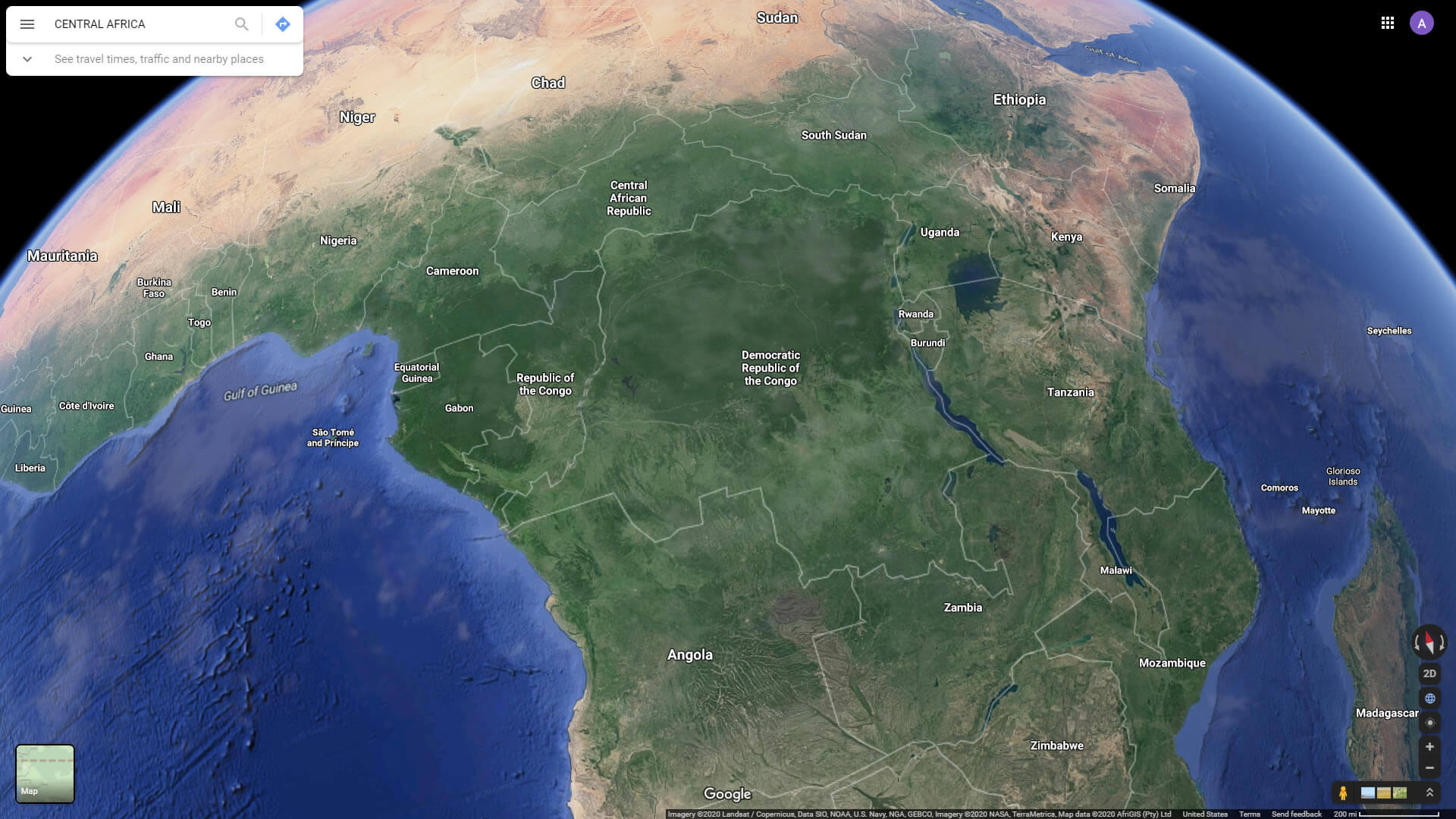 Central Africa Satellite View with Countries